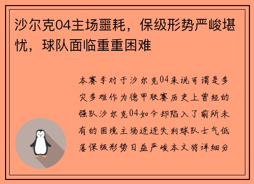 沙尔克04主场噩耗，保级形势严峻堪忧，球队面临重重困难