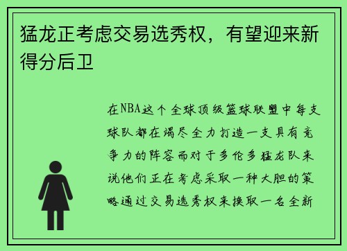 猛龙正考虑交易选秀权，有望迎来新得分后卫