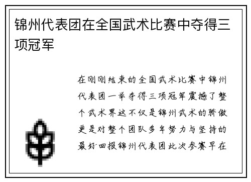锦州代表团在全国武术比赛中夺得三项冠军